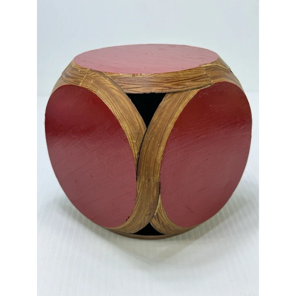 Vintage Handmade Red Wood Display Cube Made Of Circles Stand Riser 6